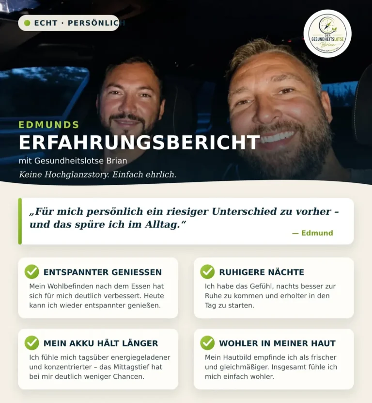 Persönlicher Erfahrungsbericht von Edmund mit Gesundheitslotse Brian zu Wohlbefinden, Schlaf und Energie.