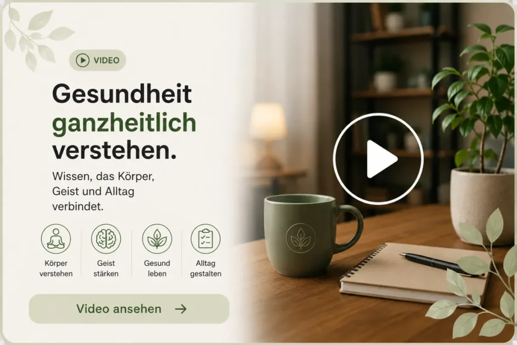Vorschaubild zum Video „Gesundheit ganzheitlich verstehen“ mit Tasse, Pflanze und Notizbuch.